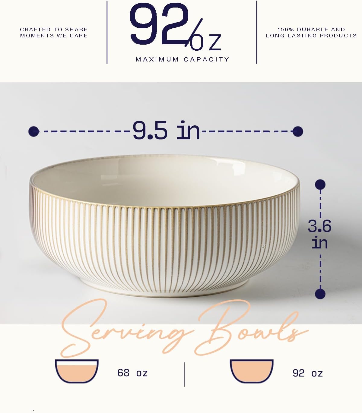 getstar Large Serving Bowls (9.5 inch & 92 fl oz), Ceramic Salad Bowl Set of 2, Microwave and Dishwasher Safe, Farmhouse Kitchen Decorative Bowls Set (Embossed Checks & Stripes)