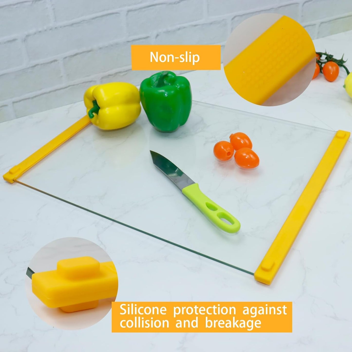 Large Tempered Glass Cutting Board for Kitchen with Silicone Handle-Non Anti slip and easy to grip,Dishwasher-Safe Easy to Clean for Food Prep,Serving Tray(Yellow-16 * 12")
