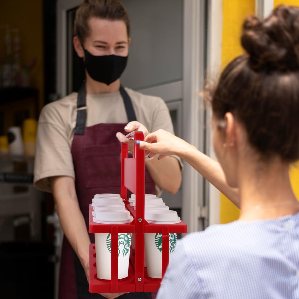 Bodaon 8 Cup Drink Carrier with Handle, Plastic Cup Carriers for Drinks, Drink Holder for Car, GrubHub/Eats Doordash Accessories, Portable Foldable Reusable Mobile, Use for Food Delivery Bag, Red