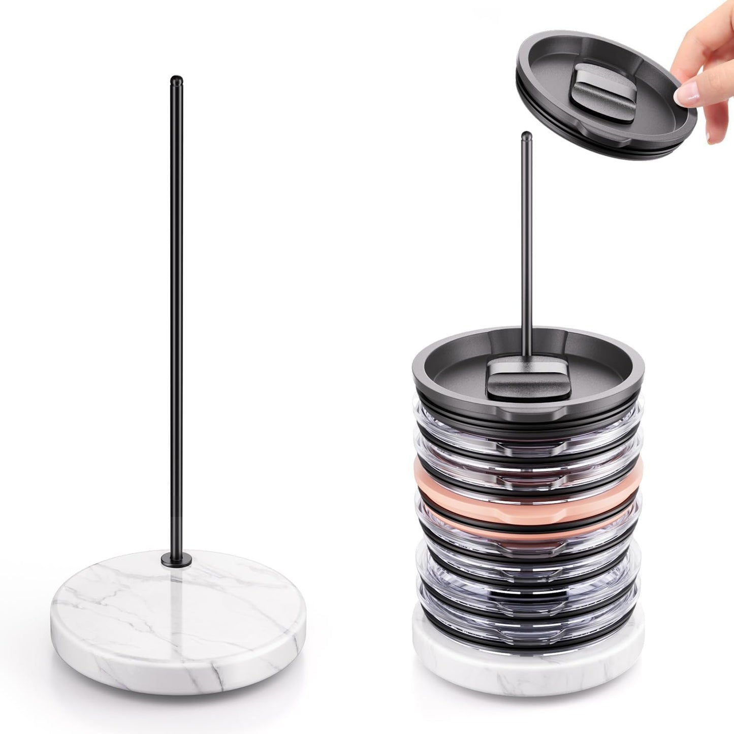 Tumbler Lid Organizer with Marble Base for Stanley /Yeti Tumbler,Space-saving Vertical Cup Lid Stacker Storage Design for Up to 10 Lids,Clutter-Free Kitchen Cabinets and Countertops (Black)