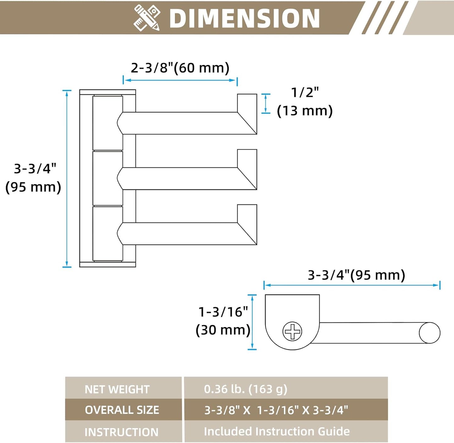Suyar Brushed Gold Towel Hook, SUS 304 Stainless Steel Bathroom Coat Robe Holder with 3 Swivel Arms, Wall Hook for Kitchen Entry Garage
