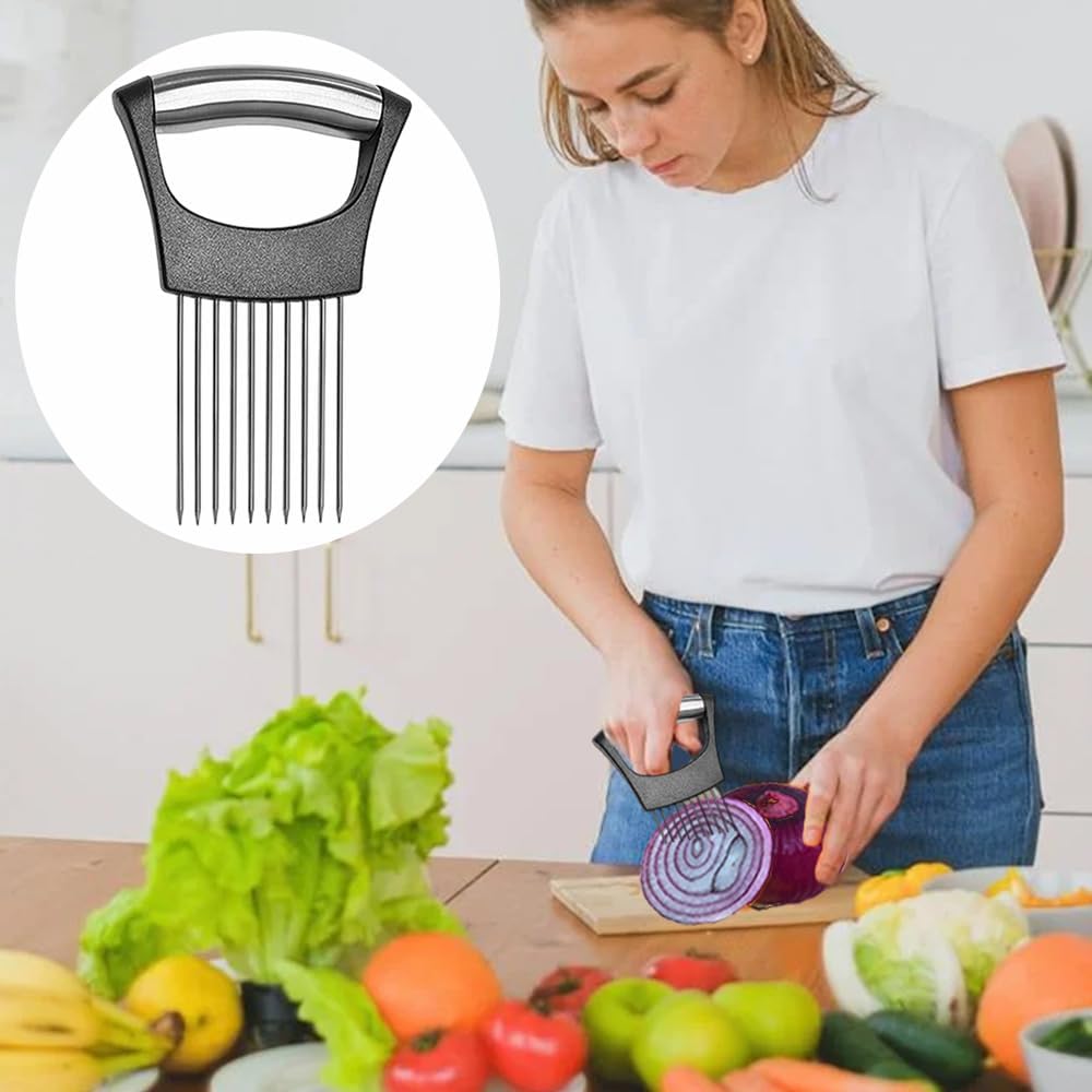 Stainless Steel Onion Holder for Slicing ，Meat Tenderizer，Fruits Vegetable Onion Cutter for Slicing and Storage of Avocados Lemon Potato Tomato and Other Meat Stalking Fork