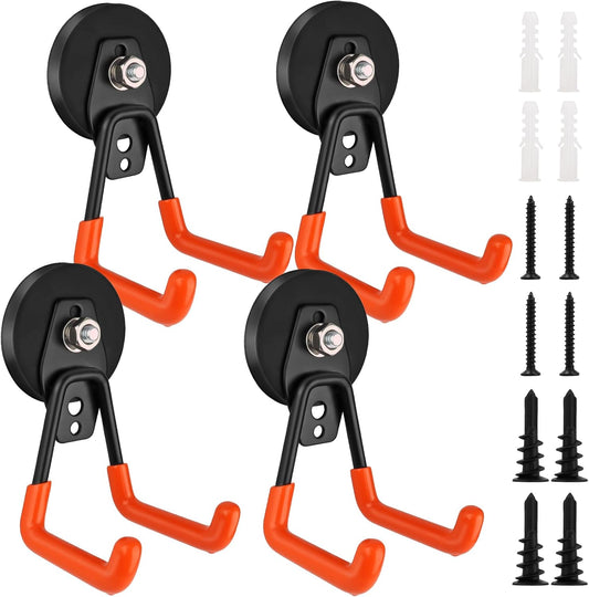 Large Magnetic Hooks Heavy Duty Magnetic Garage Hook,4 Pack Magnet Hooks with Anti-Slip Coating, Strong Storage Utility Magnetic Hook fo Metal Cabinet,Pegboard,Garage Shelve,Garden Tools(Orange,M)