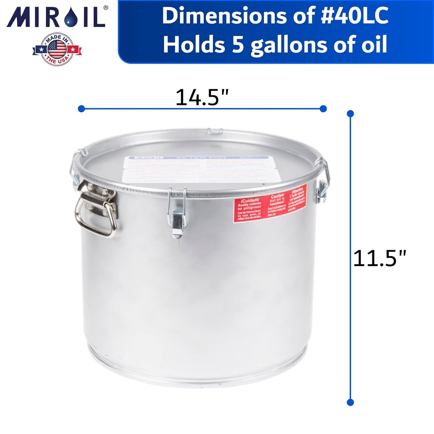 MirOil 5 Gallon Oil Grease Bucket & Filter Pot, USA Made Deep Fryer Grease Bucket Pot with Lid Lock & Lock Clip, 35Lb. Low Profile Container To Fit Under Drain Valves, Filtering Hot Cooking Oil - 40L