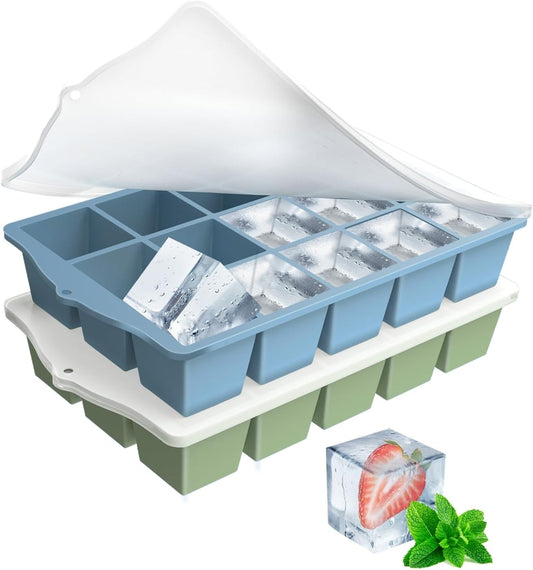 Silicone Ice Cube Tray, 2 Pack Easy-Release Stackable Ice Trays for Freezer with Lid 15 Reusable Cubes, Food Grade BPA Free Ice Molds for Whiskey, Baby Food, Coffee, Cocktail (Blue+Green)