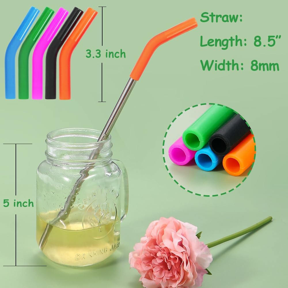 Lazycorner Reusable Stainless Steel Straws Metal Straw with Silicone Tip 5 Pcs 8mm Wide for 20/30/32oz Tumblers Smoothies and Shakes with 2 Cleaning Brushes,1 Portable Bag (Silver)