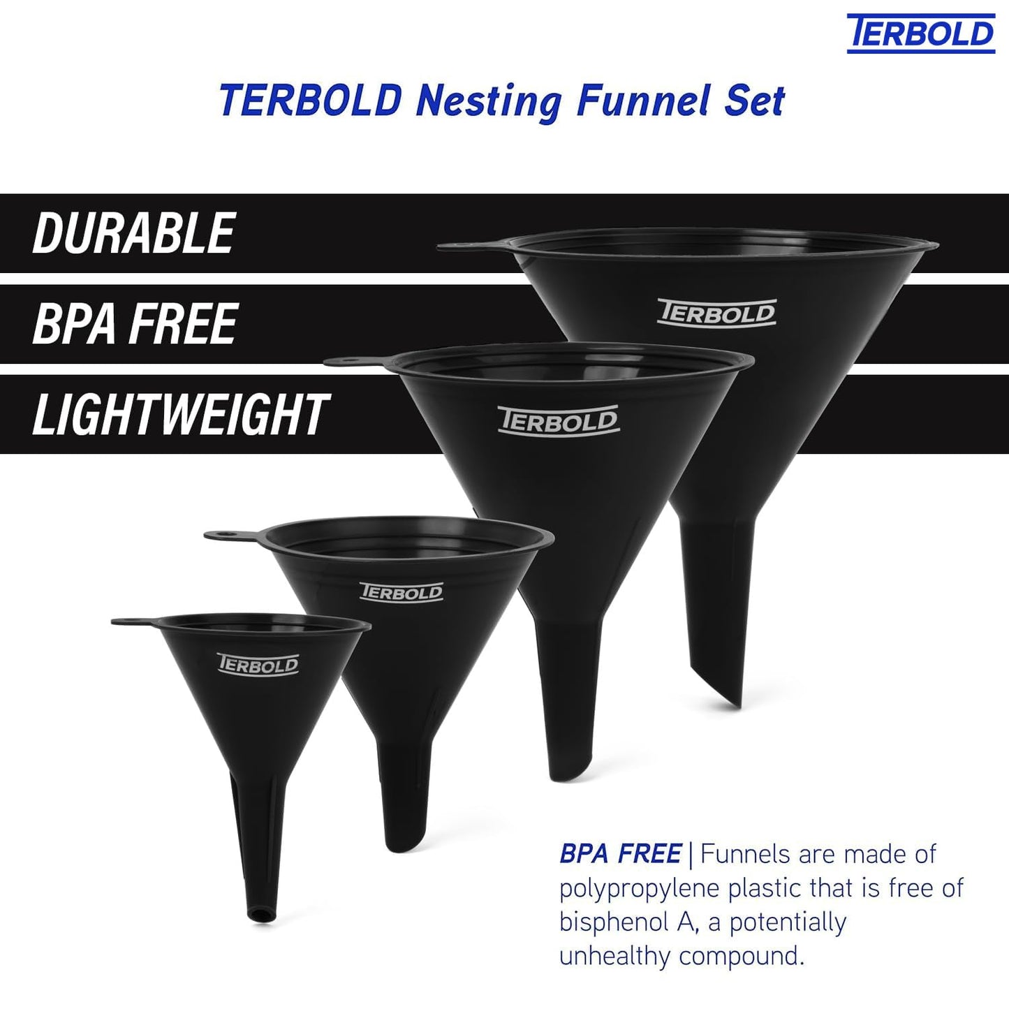 4pc Funnel Nesting Set in BPA Free Plastic for Kitchen Cooking, Car Oil, Home, or Lab Use (Black)