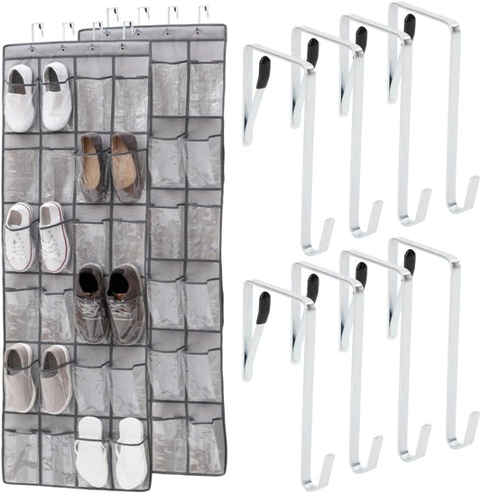 GORILLA GRIP Over the Door Shoe Organizer, 24 Large Breathable PVC Pockets, Space Saving Hanging Storage Holder, Closet Rack Hanger Holds Up to 40 lbs, Hangs on Closets for Shoes 2 Pack, Gray