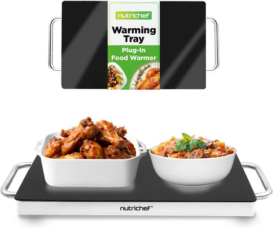Nutrichef Electric Hot Plate Tray Dish Warmer with Black Glass Top | Ideal for Home, Buffet, Parties, Kitchen & Dinners | Portable & Perfect for Tables or Countertops | 14.5'' L x 8.6'' W