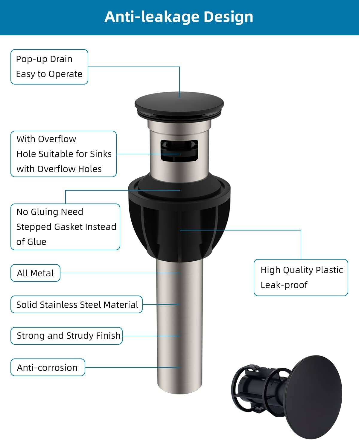 Hibbent 2 Pack Metal Bathroom Sink Drain with Overflow, Push and Seal Pop Up Drain Stopper, Stainless Steel Vessel Lavatory Vanity Sink Drain Stopper, Anti-Clogging Strainer, Matte Black