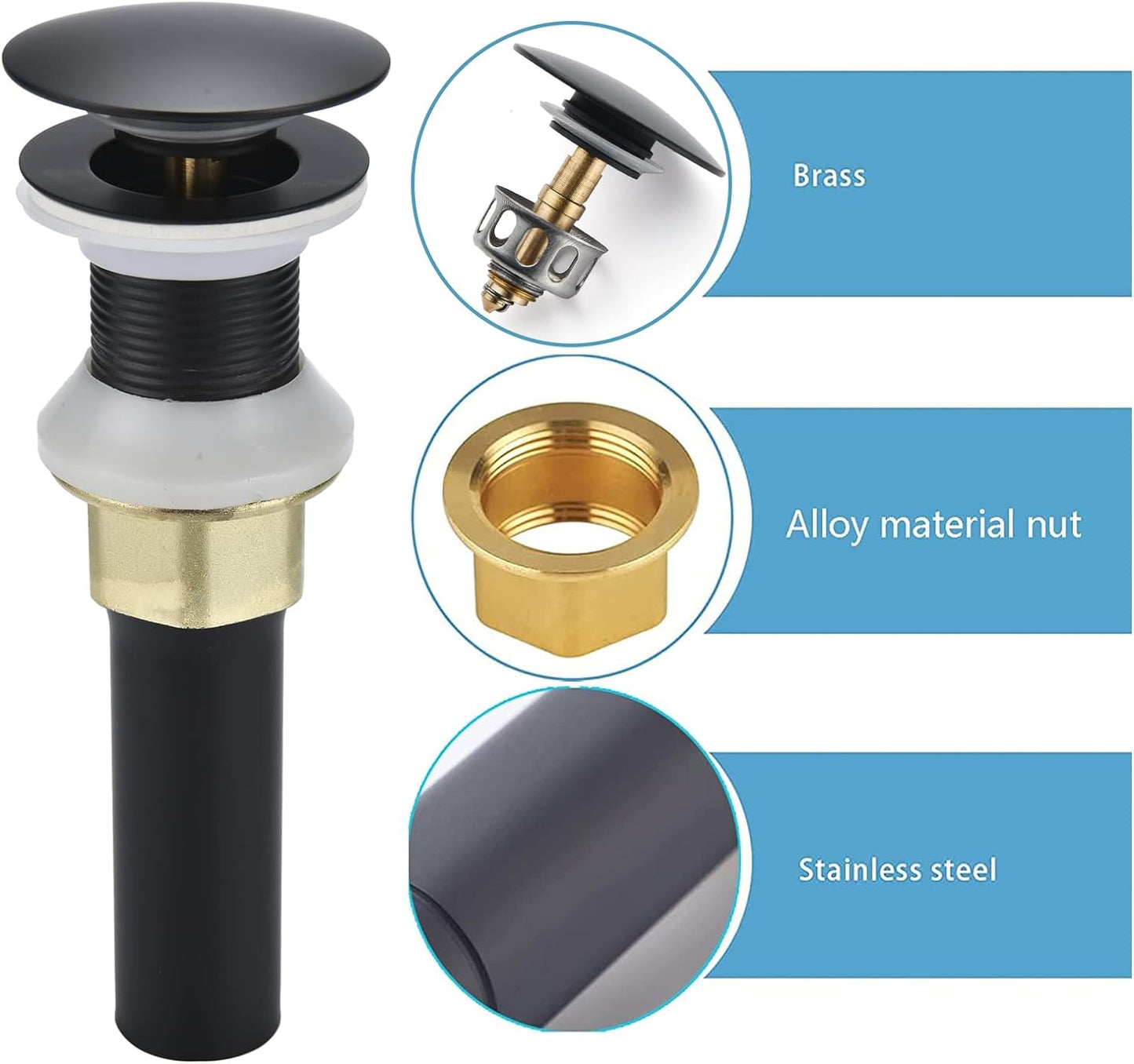 Bathroom Sink Drain,2 Pack Drain Stopper Bathroom Sink Without Overflow,Pop Up Drain Assembly with Detachable Strainer Basket,Built-in Anti-Clogging Strainer,Stainless Steel Mattle Black