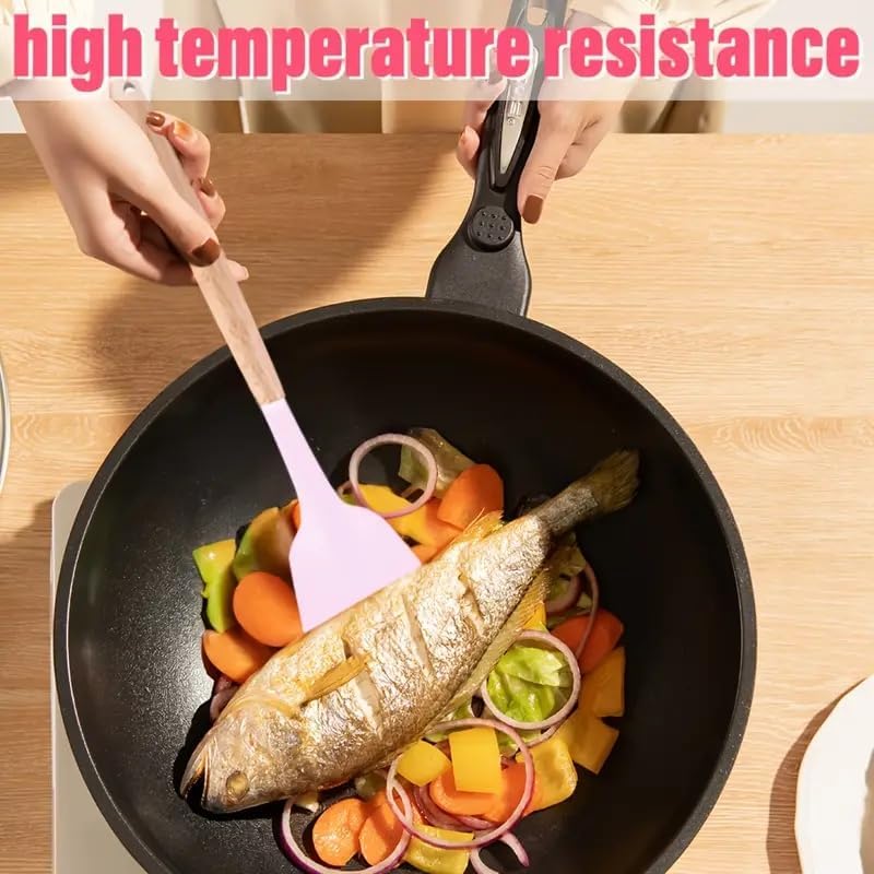 Kitchen Utensil Set with Holder, 19-Piece Silicone Cooking Tools, Wooden Handles, Available in White, Grey, Pink,Black (Pink)