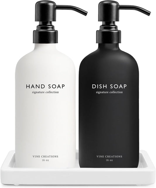Vine Creations Glass Soap Dispenser Set, Kitchen Soap Dispenser Set with Ceramic Tray, 16 oz Dish Soap and Hand Soap Dispensers with Stainless Steel Pump Decor (White and Black Bottles/Matte Black)