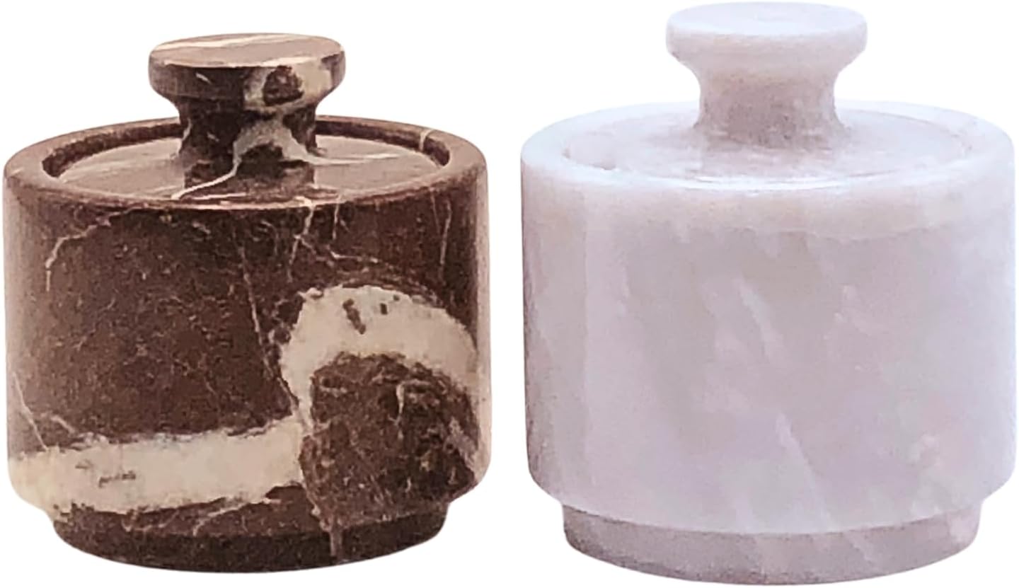 Marble Salt Cellar with Lid - 2 Pack Set, 3.5oz Kitchen Storage Containers, Premium White Red Marble Pattern
