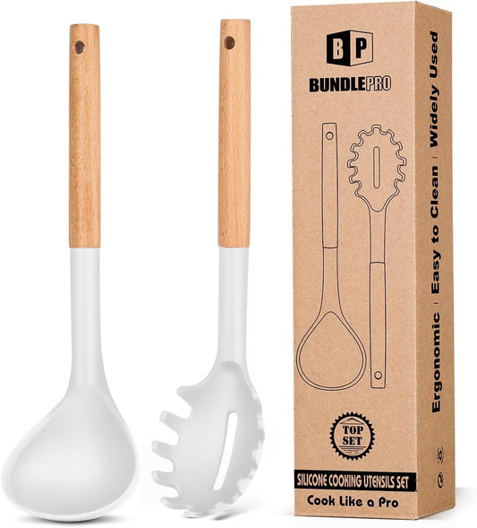 Silicone Pasta Fork and Ladle Spoon Set with Wooden Handle, Heat Resistant Non Stick Kitchen Utensils for Cooking, Stirring, Serving Spaghetti, Soup, Sauce(WHITE)