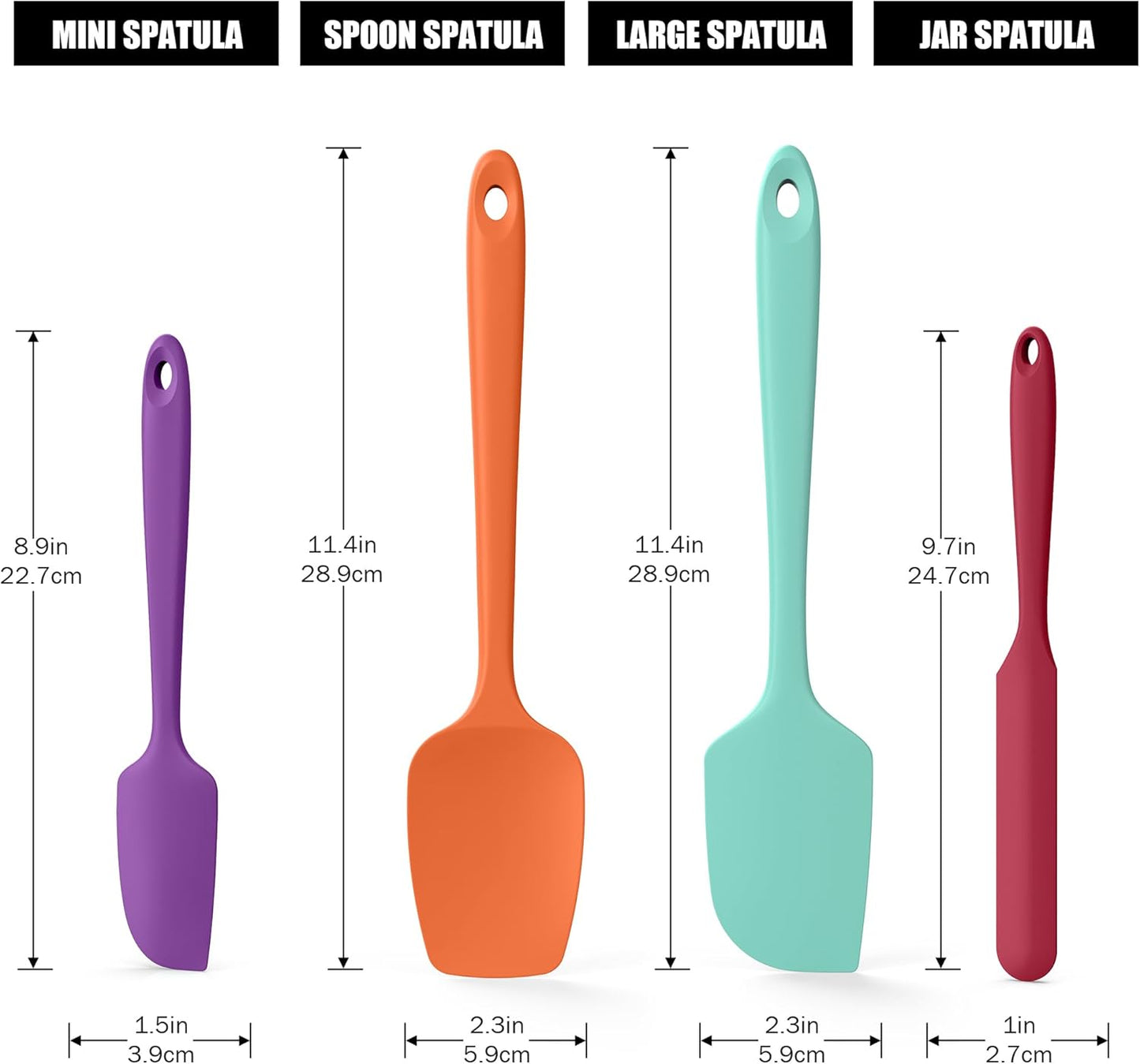 4-Piece Silicone Spatula Scrapers: Doosu 600°F Heat Resistant Food Grade Kitchen BPA Free Rubber Baking Cooking Tool Nonstick Utensil Set for Mixing, Scraping, Folding, Stirring, Serving (Multi-4)