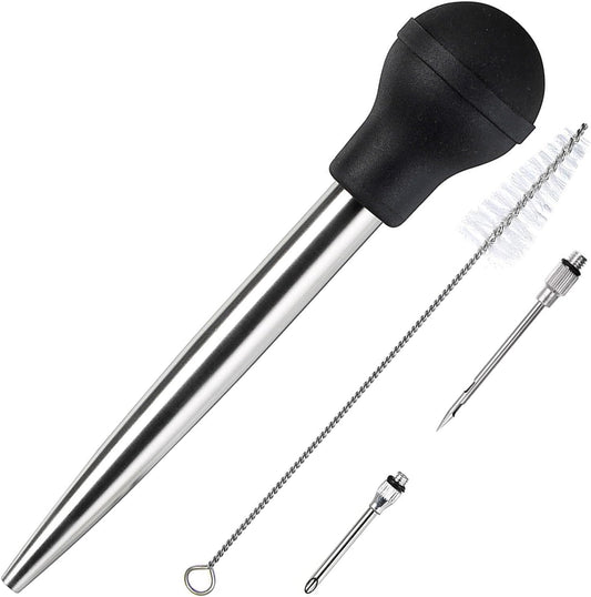 KAYCROWN Stainless Steel Turkey Baster Commercial Grade Quality Rubber Bulb Including 2 Marinade Injector Needles and Brush for Easy Clean Up