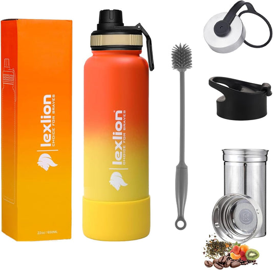 Lexlion Tea Infuser Bottle - Fruit Infusion Water Bottle 22 Oz, Triple Walled Insulated Stainless Steel Bottle, Thermal Leaf Infuser, Silicone Sleeve, 3 Lids Leakproof, Metal Mug Gallon