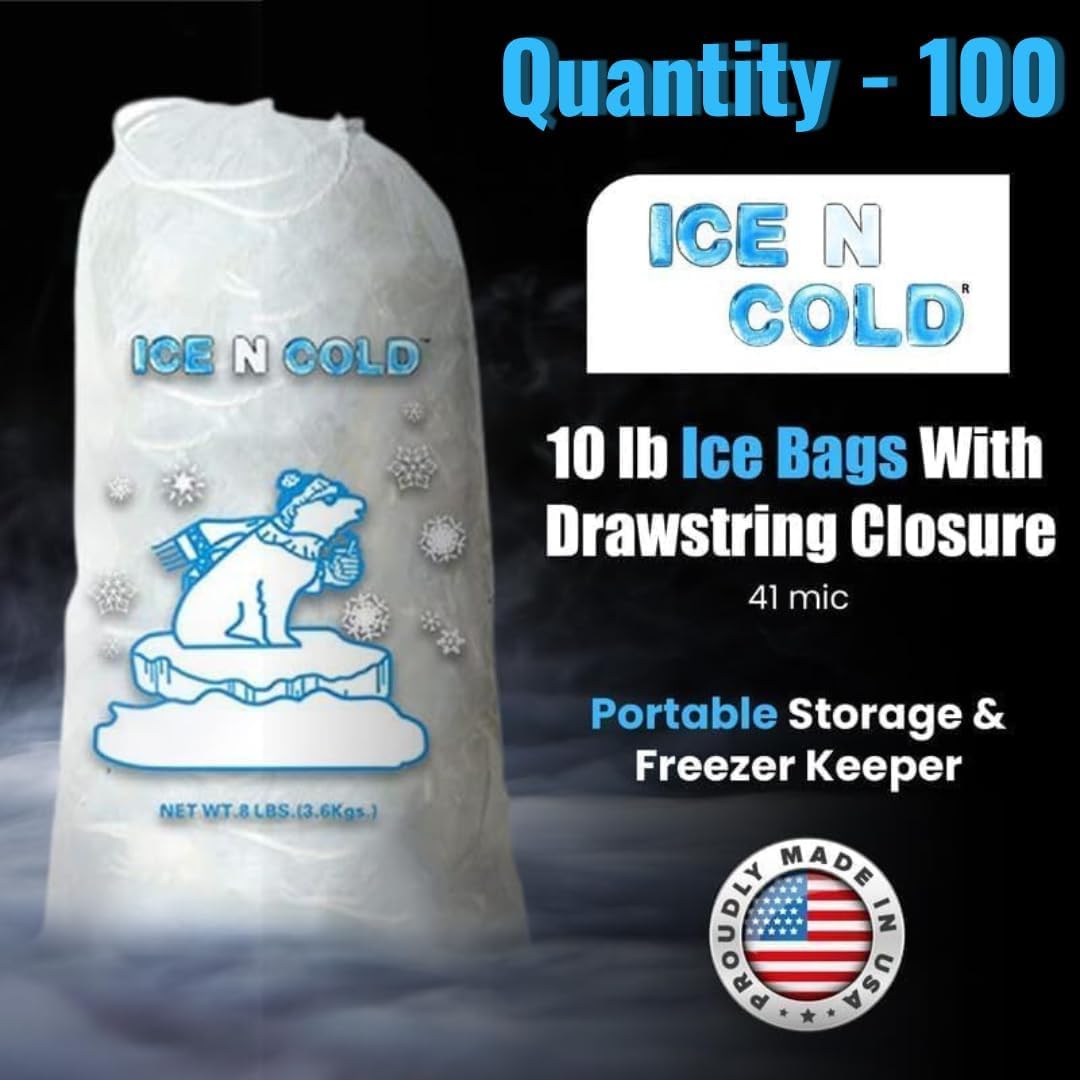 Ice Bags with Drawstring Closure | 10lb, 100ct/cs | 41 mic Thickness | Portable Storage and Freezer Keeper