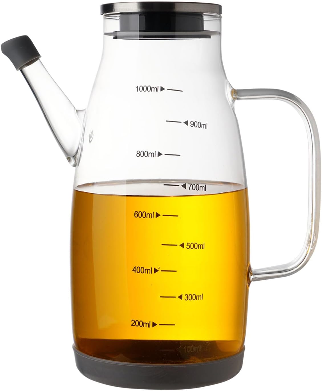 Large Glass Oil Dispenser Bottle for Kitchen Cooking Recipiente Para Aceite De Cocina Olive Oil Vinegar Dispenser Cruet Stainless Steel Lid No Drip Liquid Container (Clear, 34oz /1000ml)