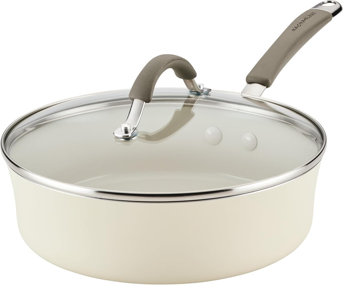 Rachael Ray Cucina Ceramic Nonstick Saute Pan with Lid, 3 Quart Non Stick Sauteuse Pan, Dishwasher Safe - Almond