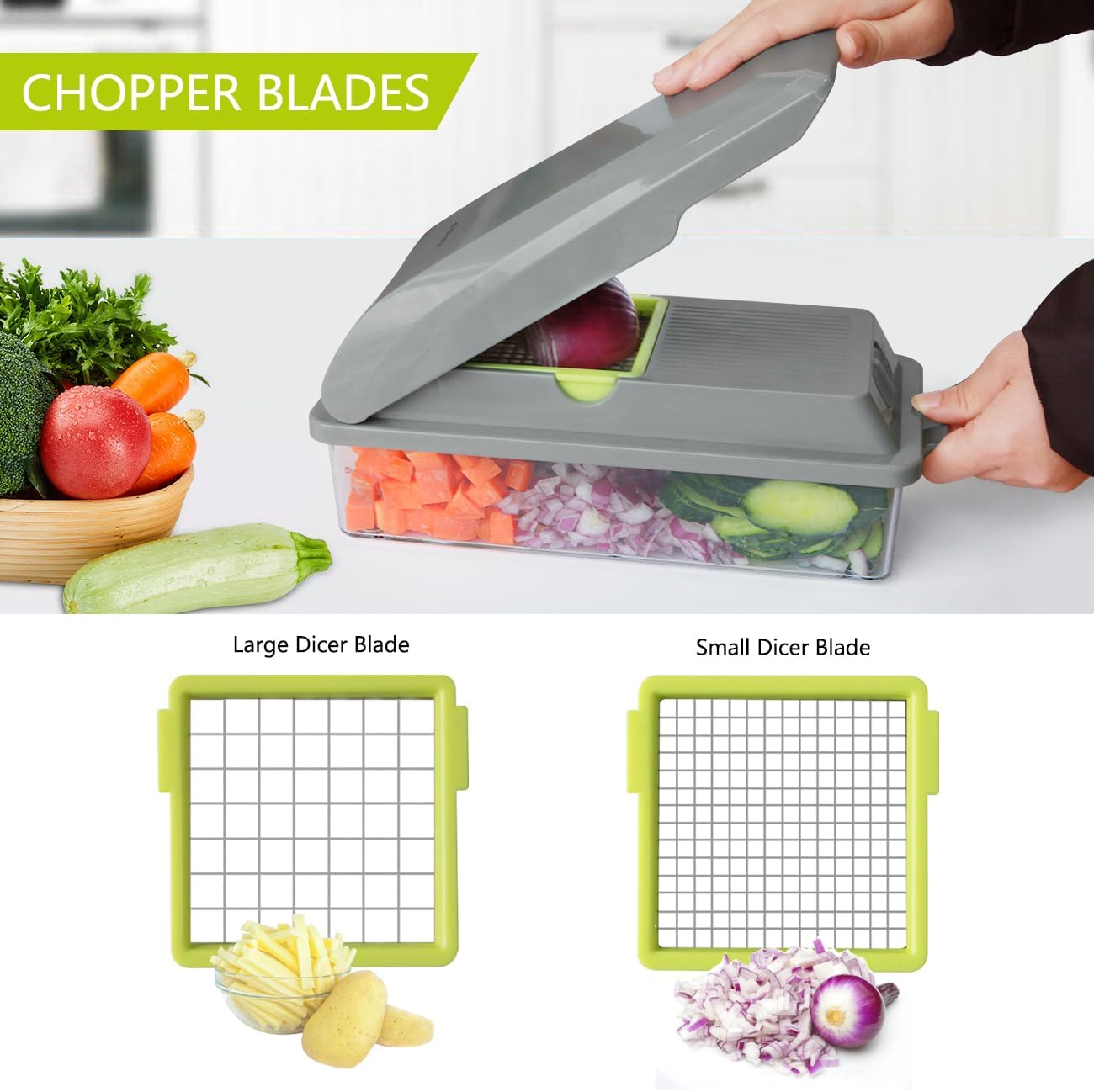 LHS Vegetable Chopper, Multifunctional Food Chopper, Pro Onion Chopper, Vegetable Slicer Dicer Cutter with 5 Blades, Veggie Chopper with Container, 3 in 1 Spiralizer Included(9-in-1,Grey)