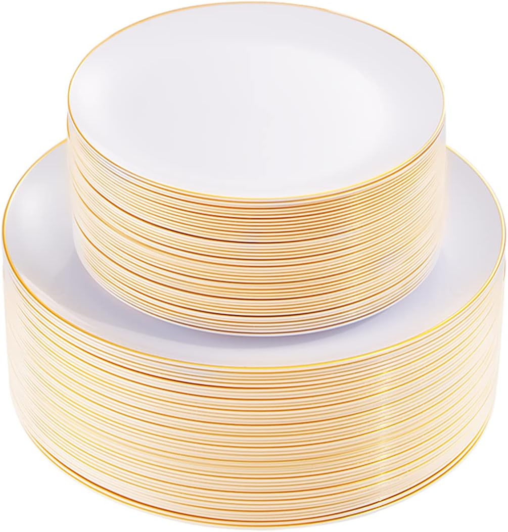 KIRE 100PCS Disposable Plates - White with Gold Rim for Party/Wedding - Includes 50Pieces 10.25inch Dinner and 50Pieces 7.5inch Dessert/Salad Plates