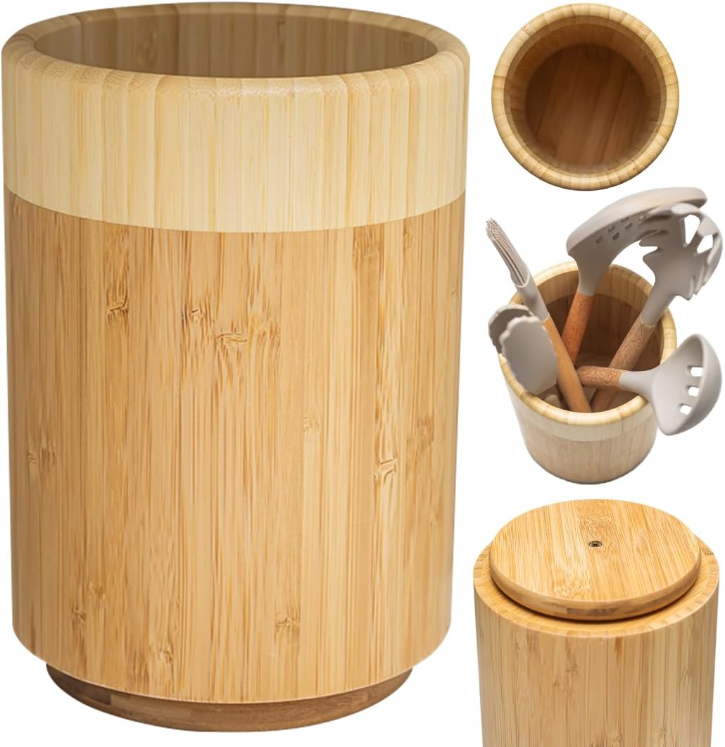 Samma Bamboo Utensil Holder - 8" Rotating Wooden Utensil Holder for Kitchen Counter - Space-Saving Utensil Organizer