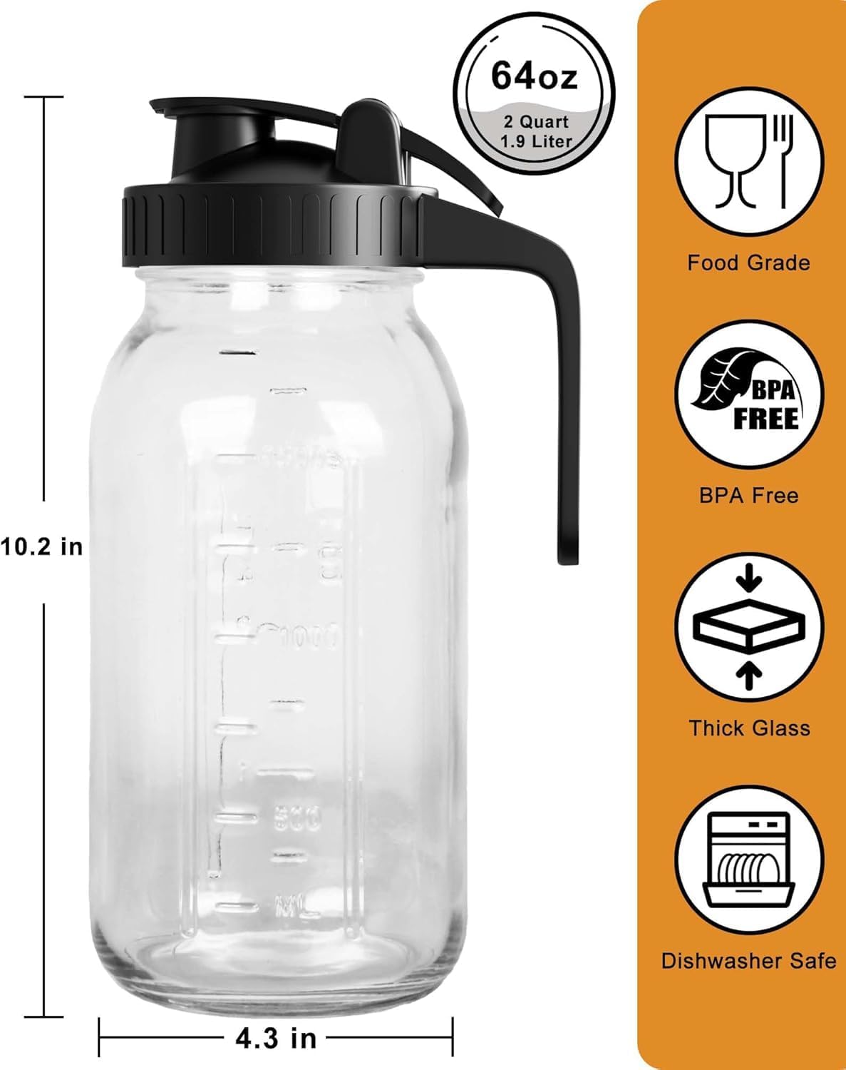2 Pack (64oz) Glass Mason Jar Pitcher with Lid and Spout Wide Mouth, 2 Quart Leakproof Water Jug for Sun Tea, Iced Coffee, Milk Storage, Juice, Black