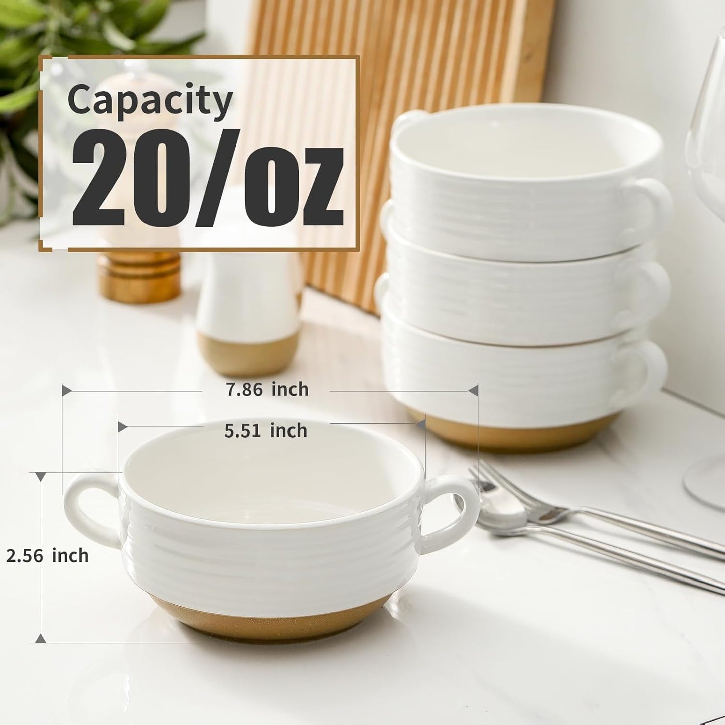 Hasense French Onion Soup Bowls, 20 oz Ceramic Soup Bowls with Handle, Stacked Oven Safe Bowl Set, Perfect for Chili, Beef Stew, Pasta, White Soup Serving Bowls for Kitchen, Set of 4