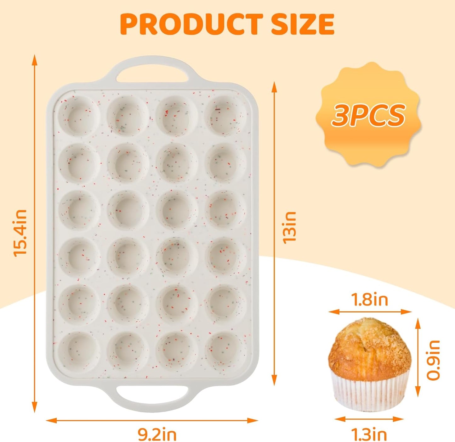 3 Pack Silicone Muffin Pan for Baking 24 Cup Mini Silicone Cupcake Pan with Metal Reinforced Frame, Nonstick Baking Cups BPA Free Silicone Cupcake Molds for Oven Dishwasher Safe, Cream