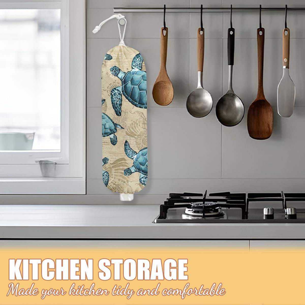 Sea Turtle Plastic Bag Holder, Wall Mount Grocery Bag Holder, Plastic Storage bag, Pull Rope Free Adjustment, Plastic Bag Holders for Grocery Bags, Plastic Bag Dispenser for Home Kitchen