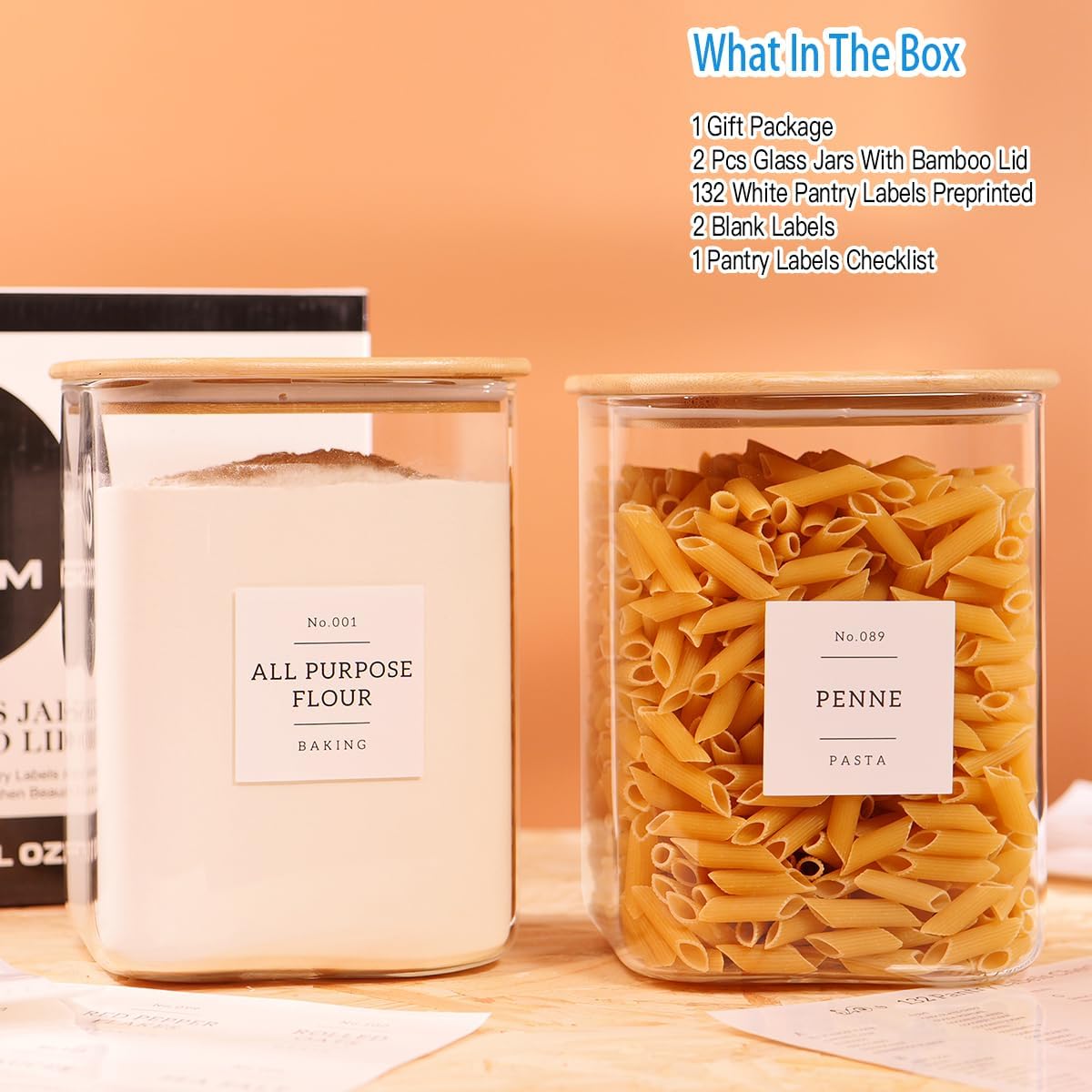 2 Pack Square Glass Flour and Sugar Containers with 132 Kitchen Pantry Labels - Thicken 120 FL OZ Large Glass Storage Jars with Airtight Bamboo Lid - Big Food Canisters for Cookies, Rice, Coffee