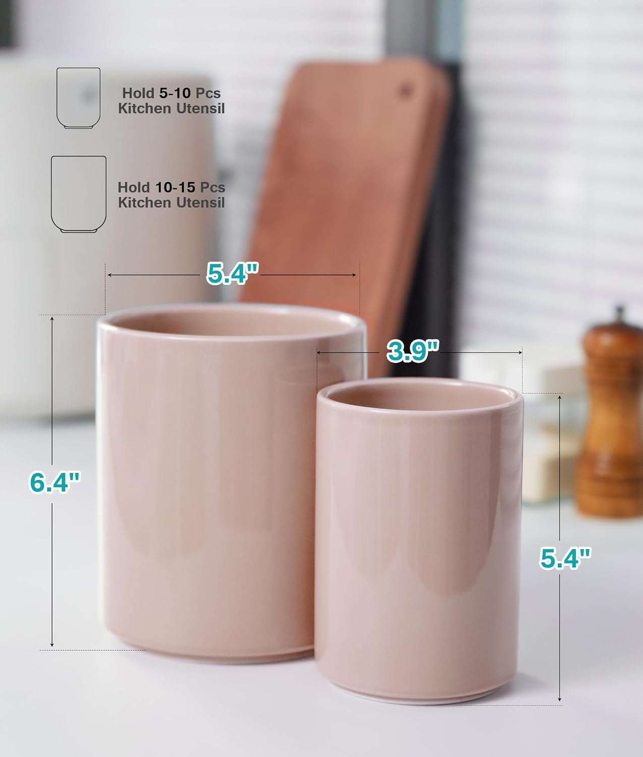 Set of 2 Utensil Holder, 7"+5" Ceramic Kitchen Utensil Holder for Countertop, Large Cooking Utensil Crocks for Counter, Morden Utensil Organizer for Spatula, Kitchen Decor (Red)