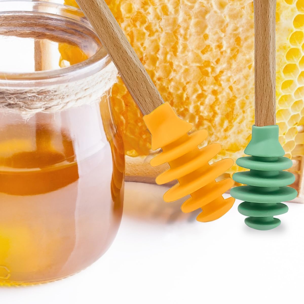 Silicone Honey Dipper Sticks, Spiral Design Non-Drip Honey Spoon with Jar Stirring Rod, Food-Grade BPA Free Dispenser for Syrup, Jam & Beverages