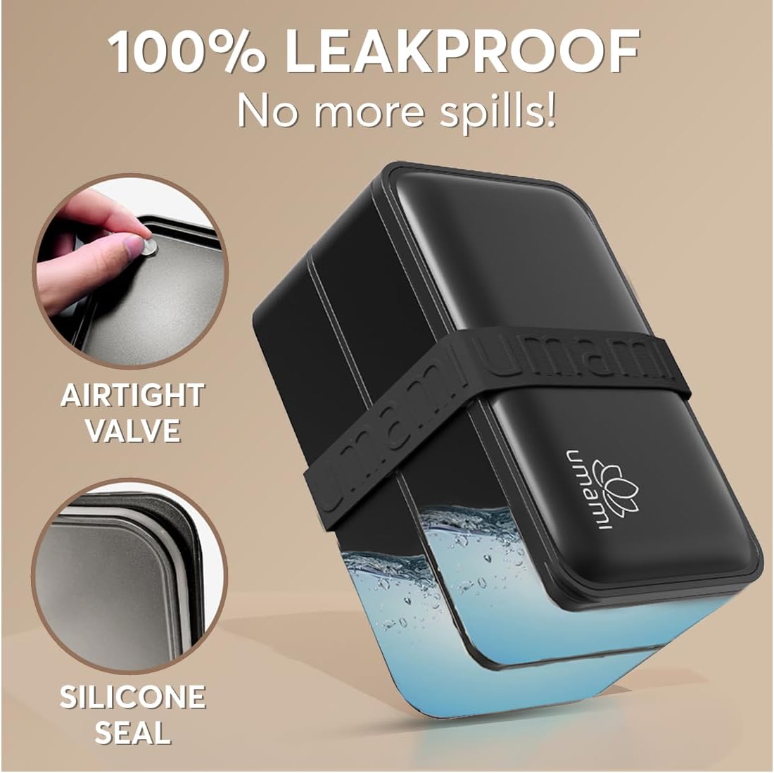 Umami Bento Box Adult All-In-1 w/4 Utensils, Sauce Jar, 2 Dividers, 100% Leakproof, Microwave & Dishwasher Safe, Stackable Bento Lunch Box Containers for Men/Women, Matte Black, 40 oz