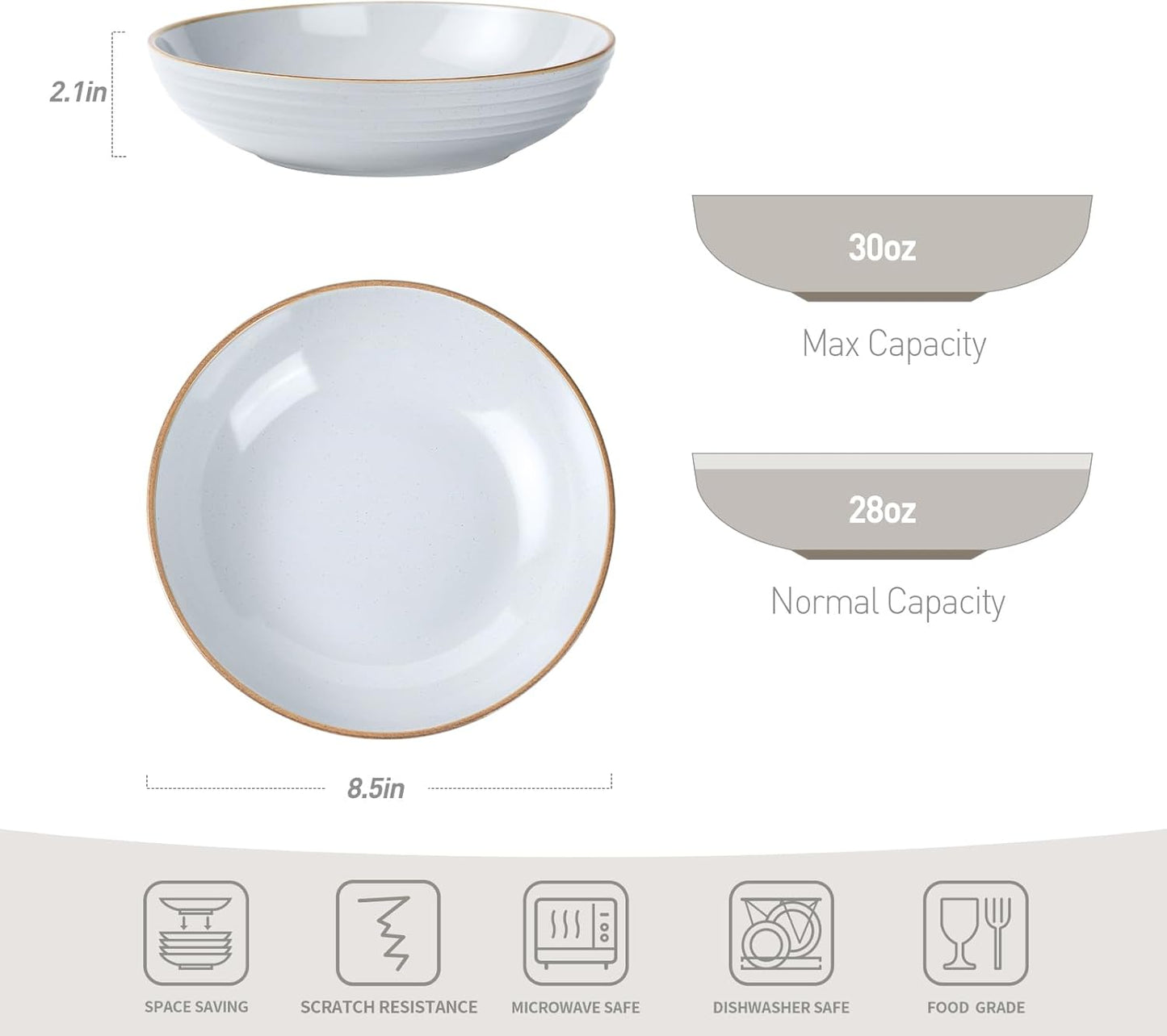 famiware Jupiter Pasta Bowls, 30 OZ Large Salad Bowls Set of 4, Microwave and Dishwasher Safe, Sturdy & Stackable, Serving Bowls for Kitchen, Light Gray
