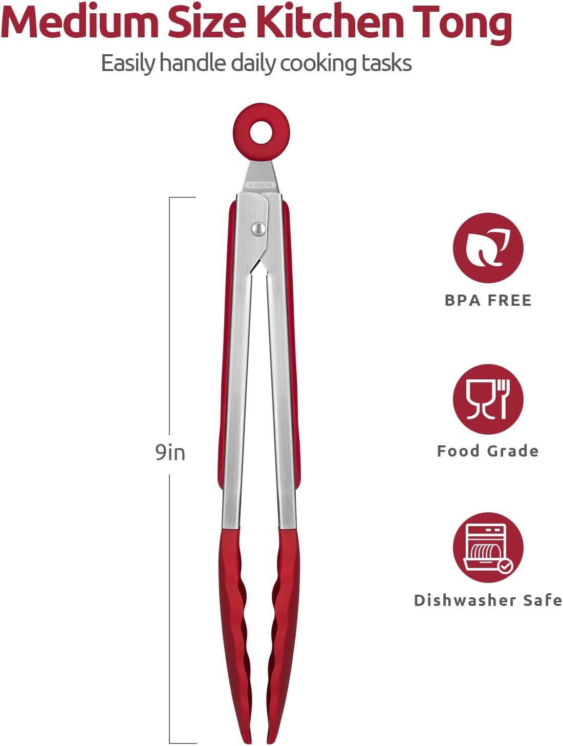 Heat Resistant Silicone Kitchen Tong: U-Taste 9 inch 480ºF Hot Proof Cooking Tong with Firm Sealed Non Stick Rubber Tips & Silicon Coated Steel Handle & Smooth Locking for Serving Grill Salad (Red)