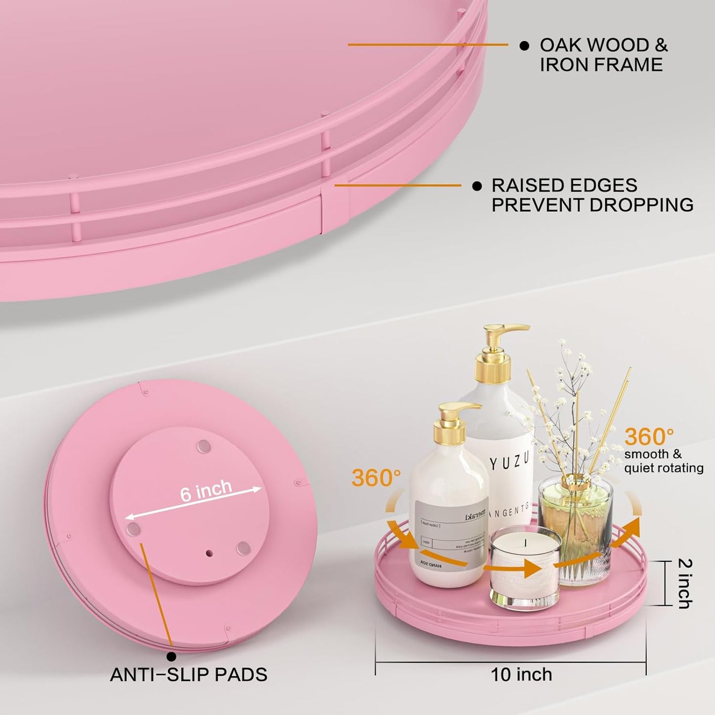 10" Oak Wood Bathroom Tray for Counter, Vanity Tray for Perfume Lotion Candle Makeup Jewelry Sink Soap Holder Turntable Dresser Organizer Countertop Coffee Table Decor Organization and Storage Pink