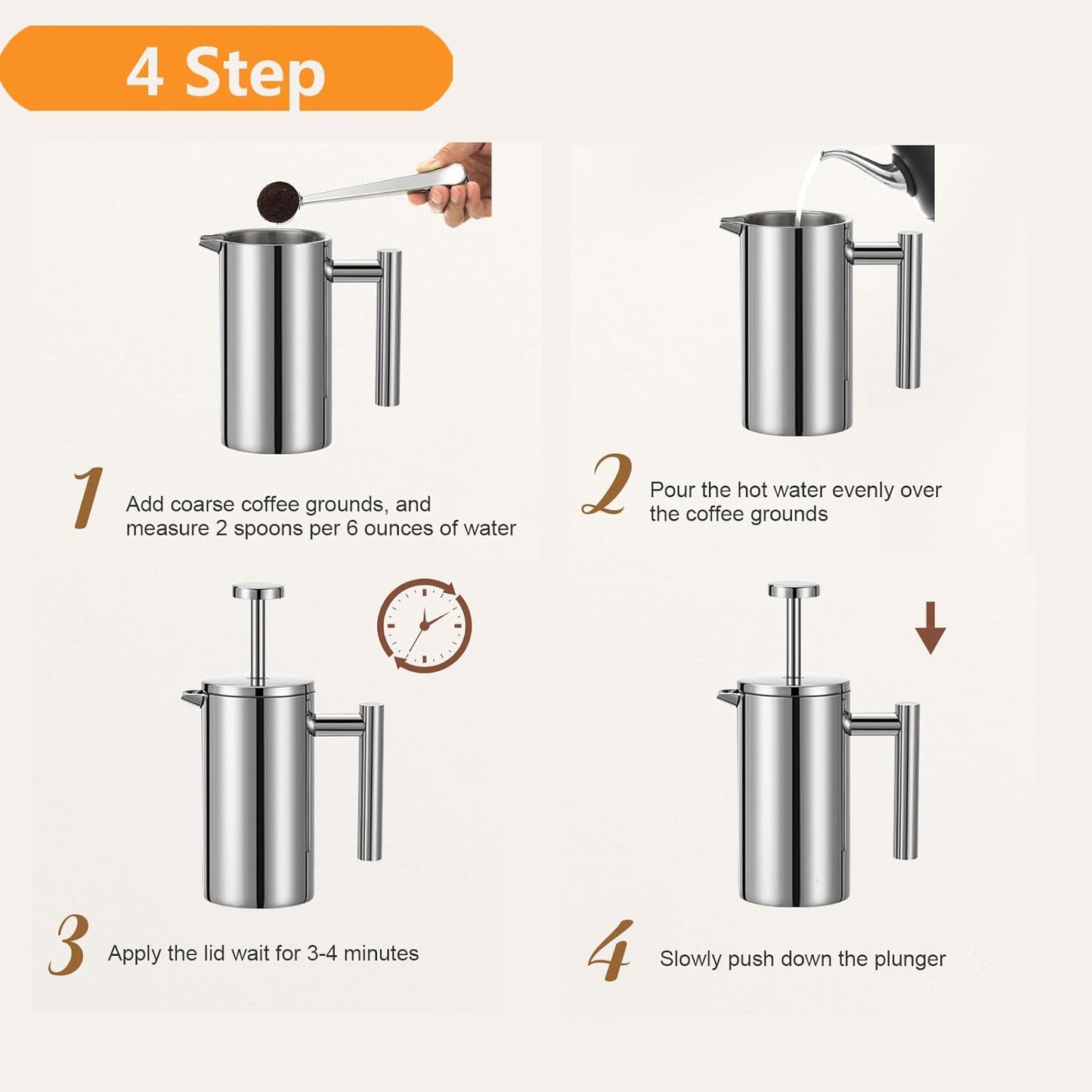 French Press Coffee Maker 34oz, Double-Wall Insulated French Press Stainless Steel 1L for travel camping, Included 2 Extra Screens and 1 Coffee Spoon （6-8cup 1000ml）