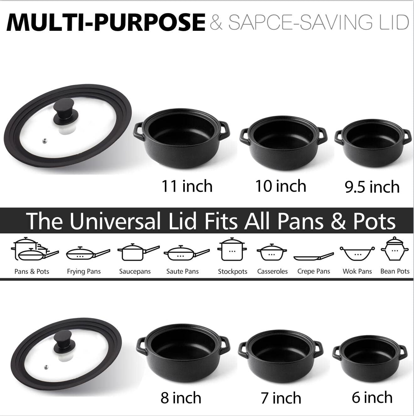 Anaeat Silicone Universal Lid for Pots, Pans and Skillets - Tempered Glass Covered with Heat Resistant Silicone Rim Fits All 6" to 11" Diameter Cookware -Easy to Use Replacement Frying Pan Cover