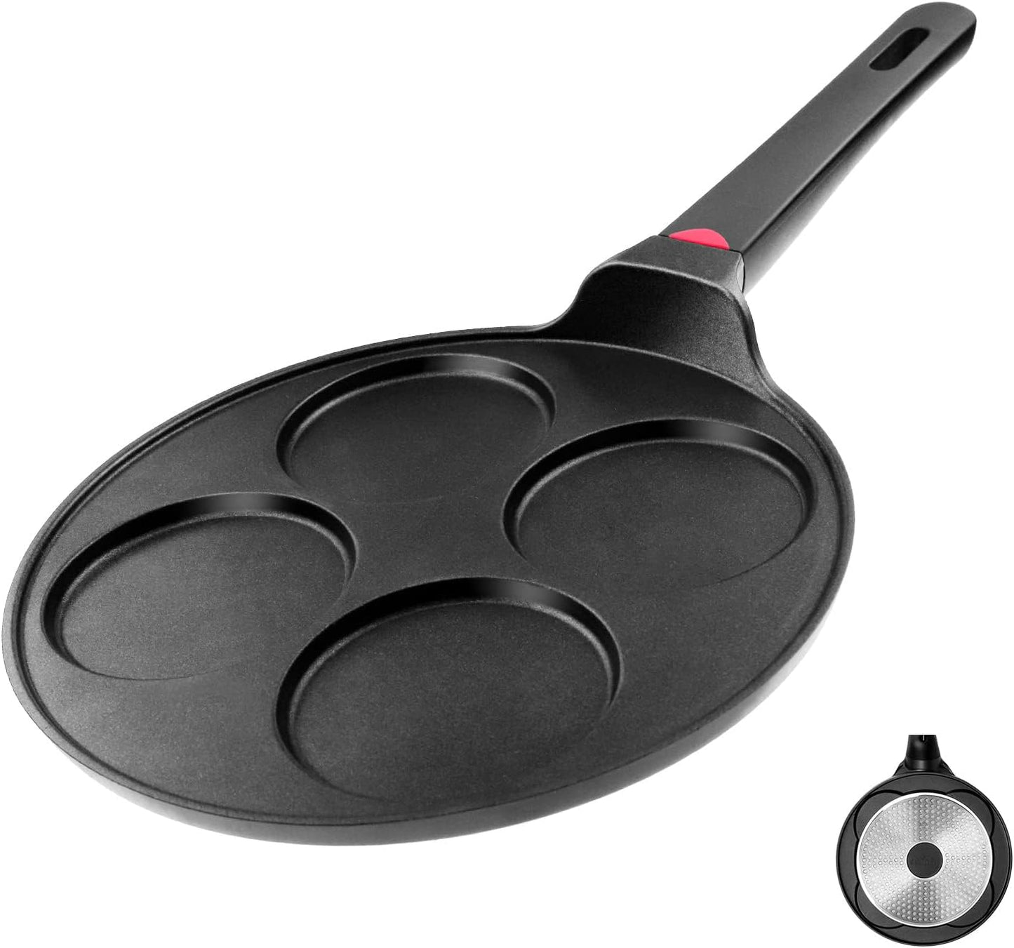 Pancake Pan Nonstick-Suitable for All Stovetops & Induction Cooker, 10.5 Inch Mini Silver Dollar Grill Blini Griddle Crepe Pan, 4 Molds Cake Egg Skillet, 100% PFOA Free Coating