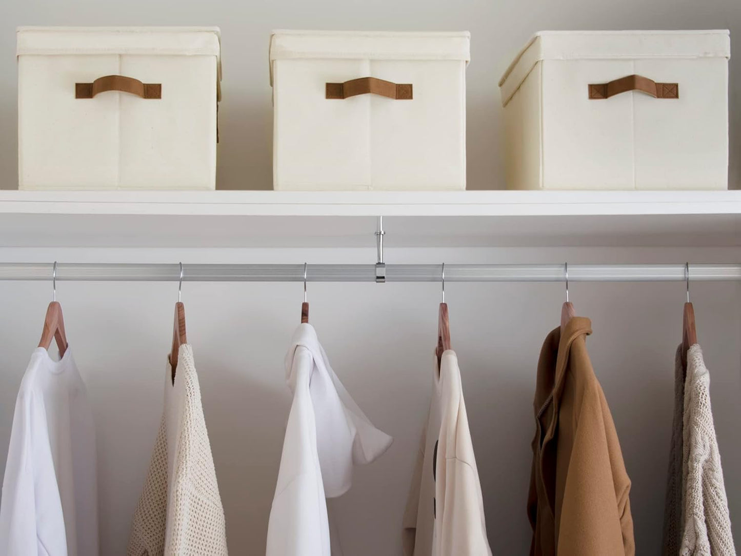 StorageWorks Storage Bins with Lids, Decorative Storage Boxes with Lid and PU Handles, Foldable Storage Baskets for Closet, Shelves, Stackable, Ivory White, Jumbo, 3-Pack