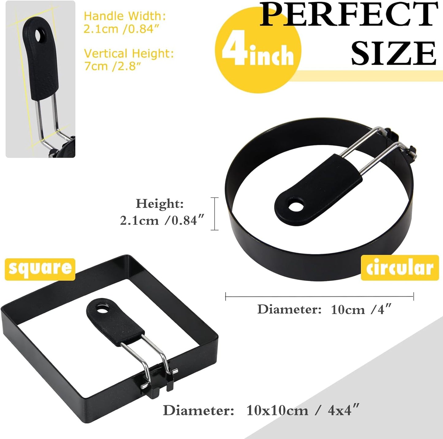 4'' Round+Square Egg Rings Set with Silicone Handle, Stainless Steel Egg Cooking Rings，Nonstick，For Frying Eggs and Egg Mcmuffins, Egg Mold For Breakfast