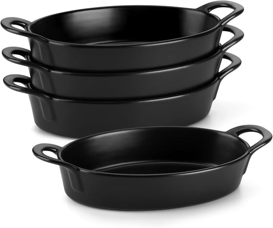 MALACASA Small Casserole Baking Dishes for Oven, Ceramic Oval Baking Dish Sets of 4, 8" x 5" Inch Au Gratin Baking Pans with Handles for Roasting, Lasagna, Pie, Baking Meat & Vegetables, Matte Black