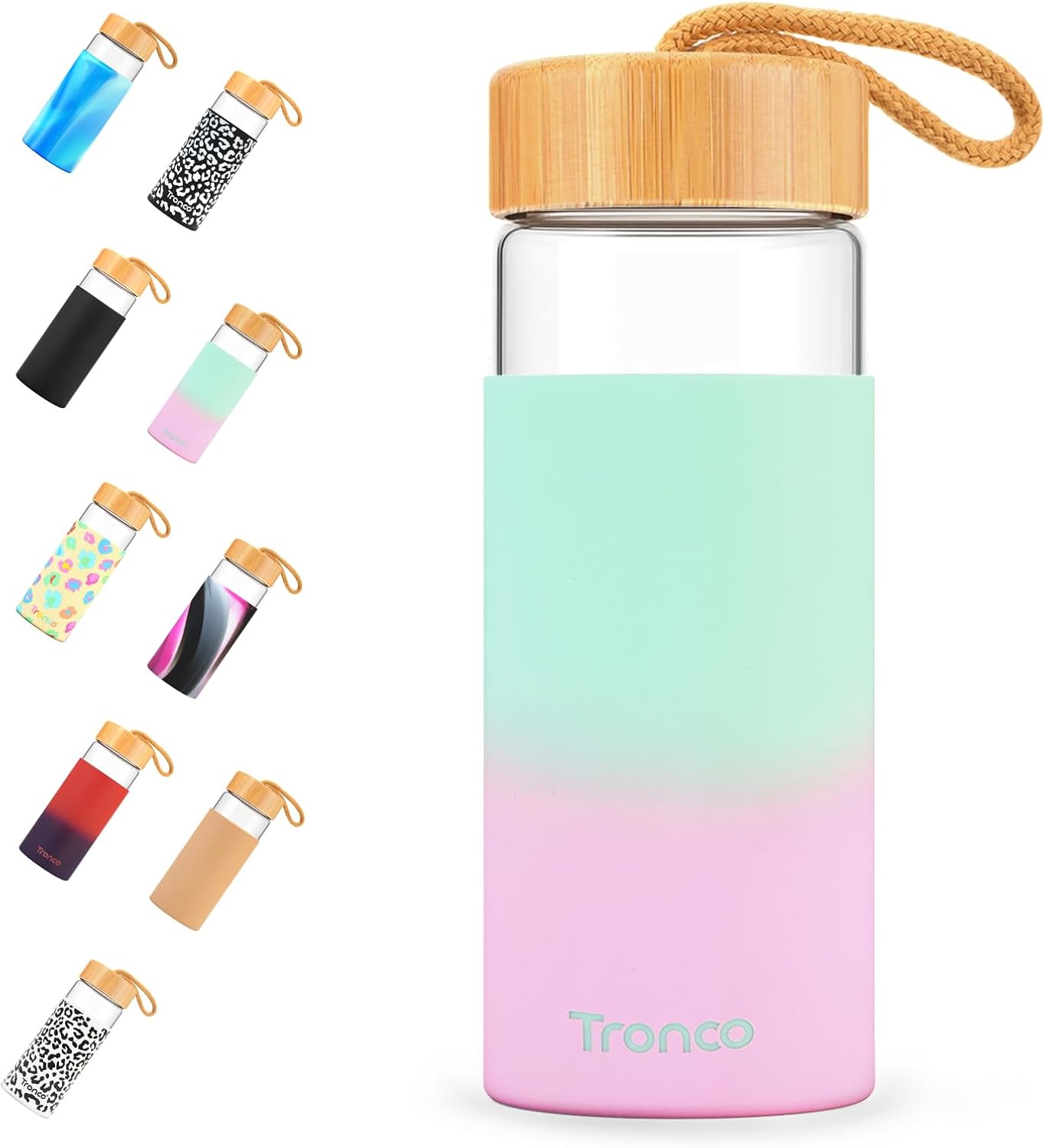 Tronco 20oz Borosilicate Glass Water Bottle with Bamboo Lid, Non-Slip Silicone Sleeve, Leak-Proof and Reusable Glass Bottle Perfect for gifts,Travel, Gym, and Everyday Use, BPA-Free, Dishwasher Safe