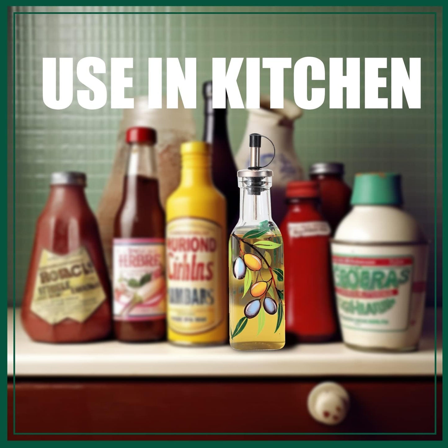 7oz Hand Painted Glass Olive Oil Bottle Dispenser - 200ml Green Oil & Vinegar Cruet with Pourers - Olive Oil Carafe Decanter for Kitchen