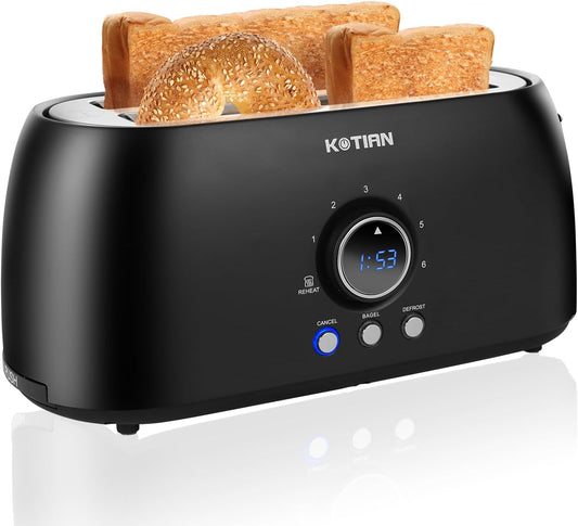 Toaster 4 Slice,KOTIAN Retro Long Slot Toasters with Countdown Timer,Stainless Steel Toaster,Bagel,Defrost,Reheat,Cancel Functions,Extra Wide Slots,6 Toast Settings,Removable Crumbs Tray,Matte black