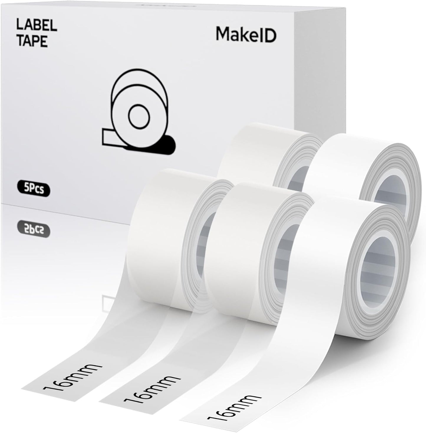 MakeID E1 Q1 Label Maker Tape Refills, 5-Roll 16mm x 4m (0.63" x 13') Continuous Consumables Thermal Laminated Office Labeling Tape Replacement