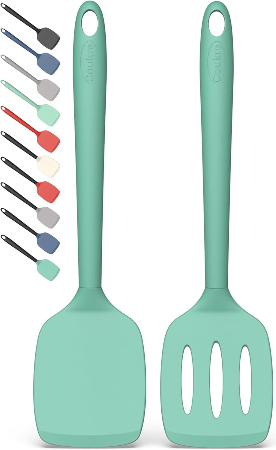 Coukre 2 Pack Silicone Spatula Set, High Heat Resistant, BPA Free Kitchen Spatula, Solid & Slotted Turner for Non-Stick Pans, Sautéing, and Flipping (2, PureAquaGreen)